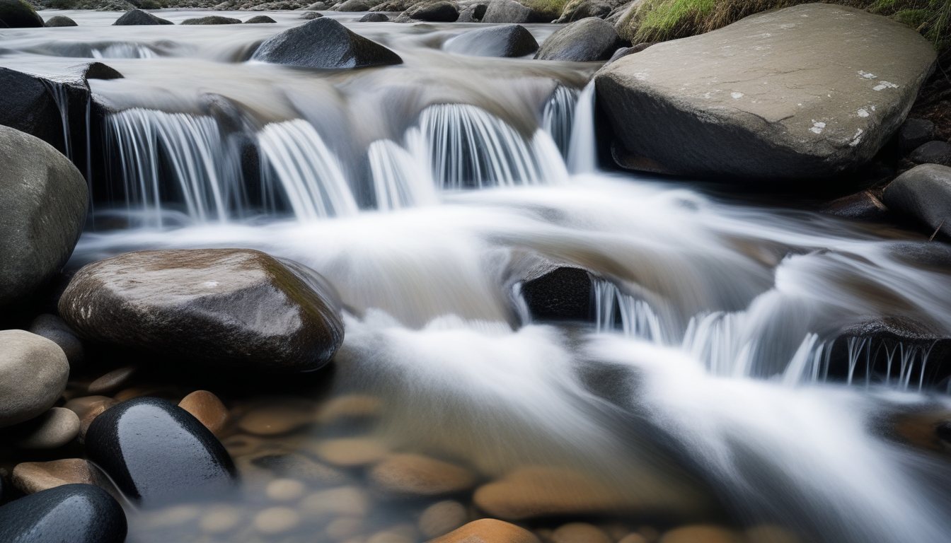 A shallow mountain stream running over smooth dark stones, the water bending around each one